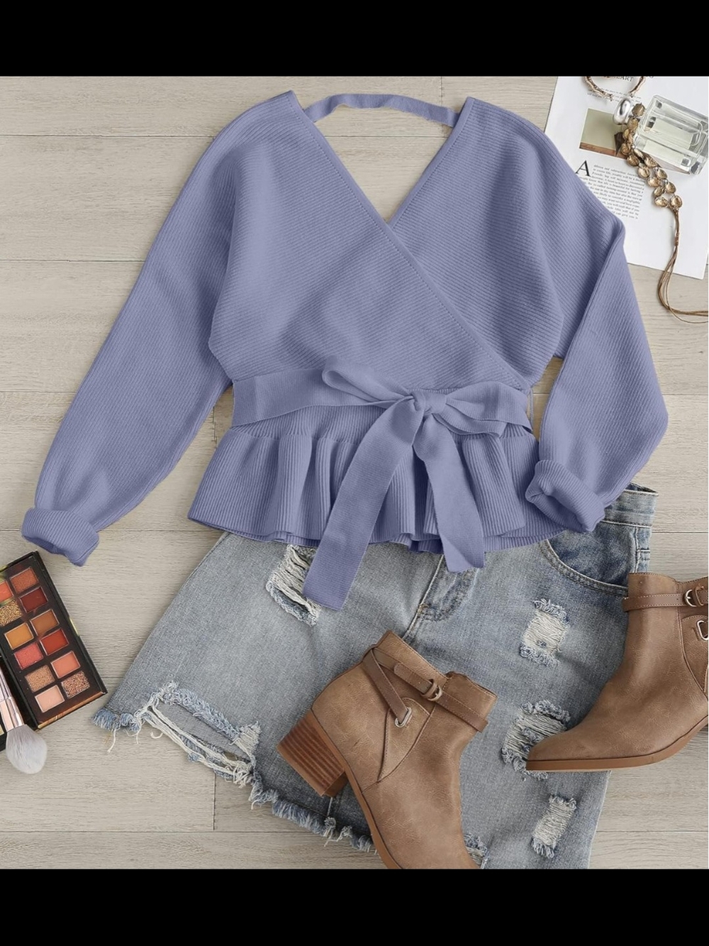 Lavender Wrap Tie-Waist Ribbed Sweater Top